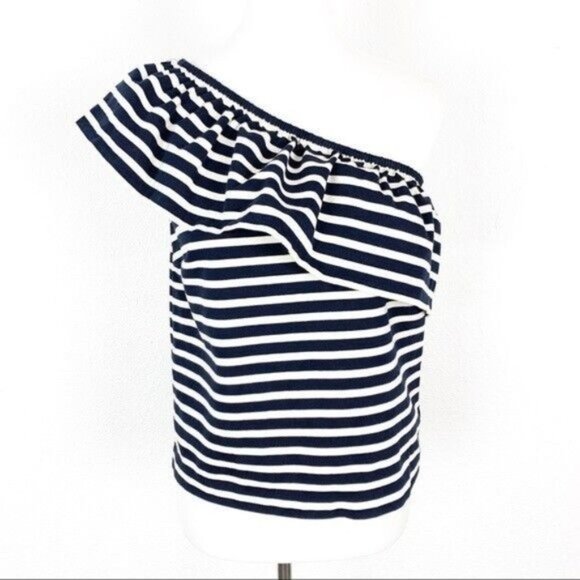 J. Crew One Shoulder Top XS Blue White Striped - Picture 1 of 5